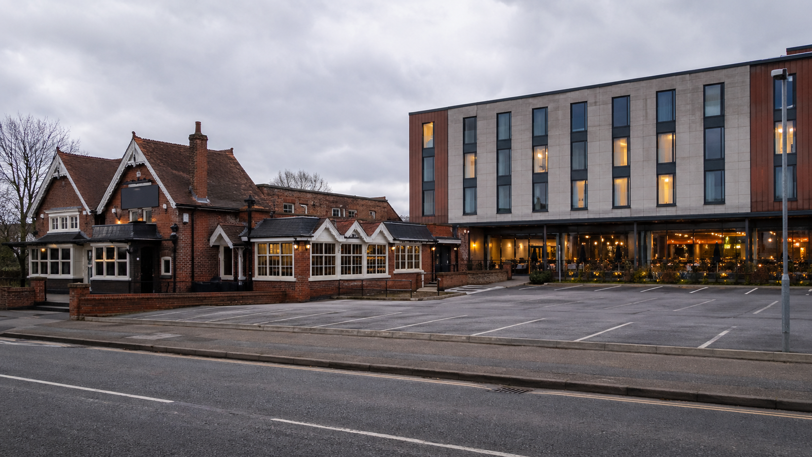 A Premier Inn hotel building alongside a Beefeater restaurant in the UK