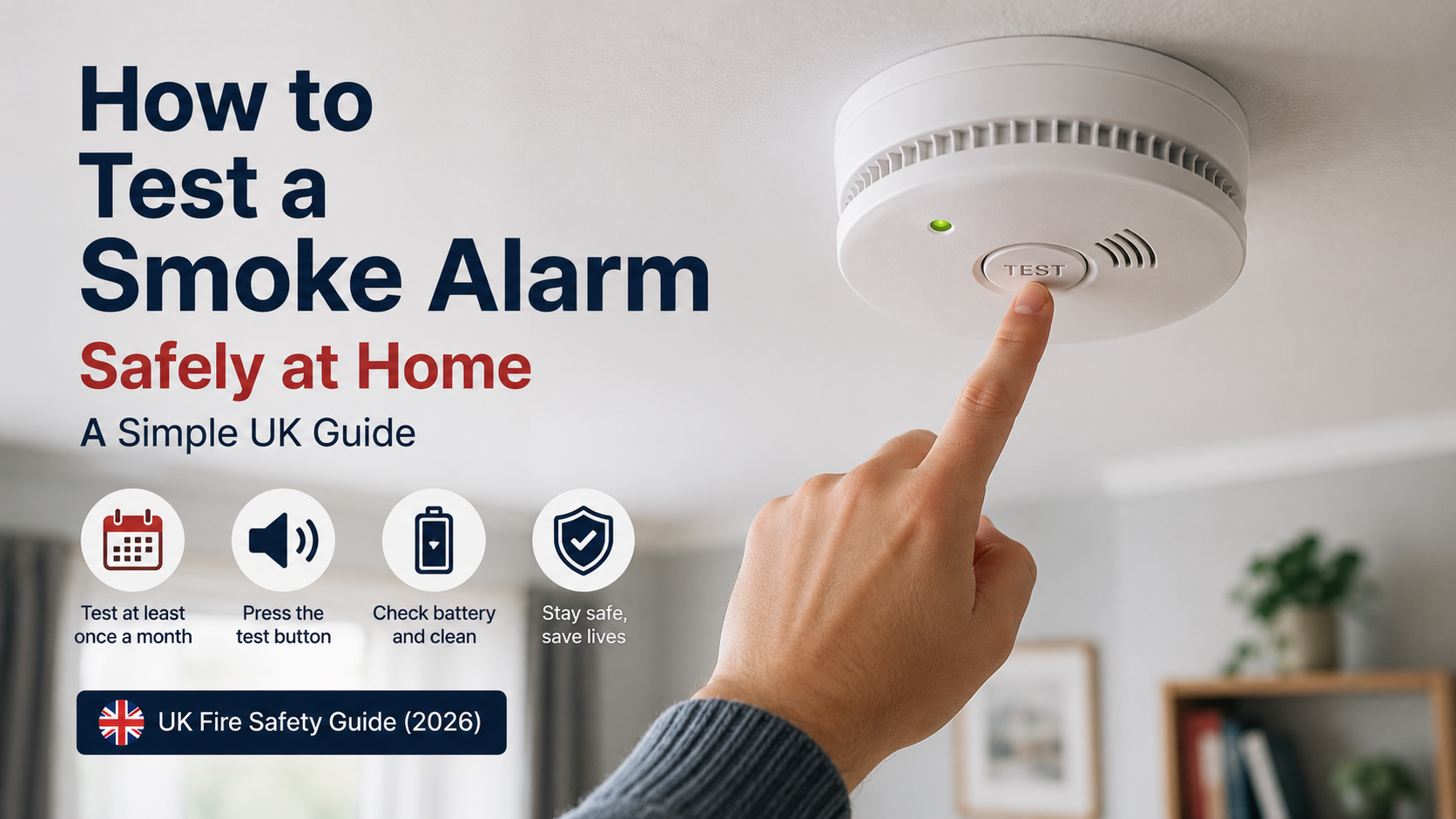 A person pressing the test button on a white ceiling smoke alarm in a UK home.