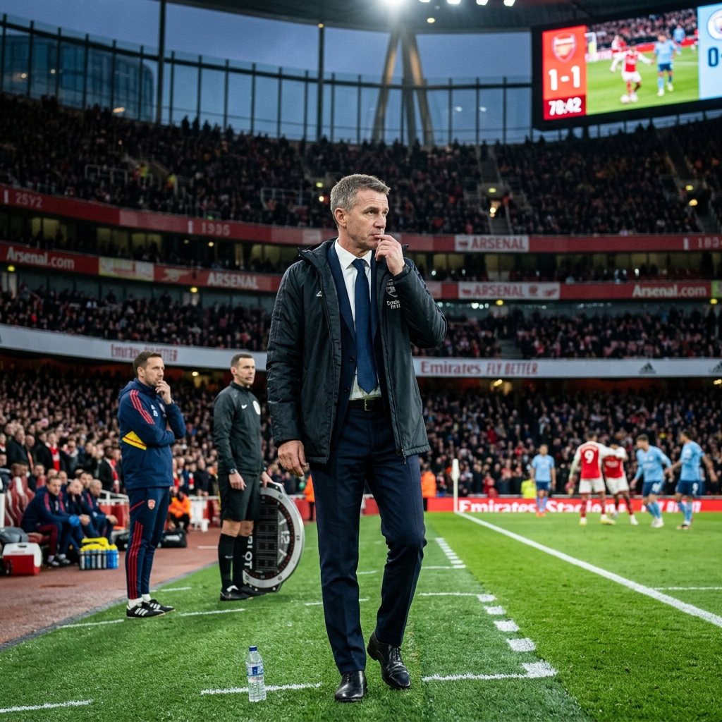 A football manager standing on the touchline of a modern stadium, observing a match.