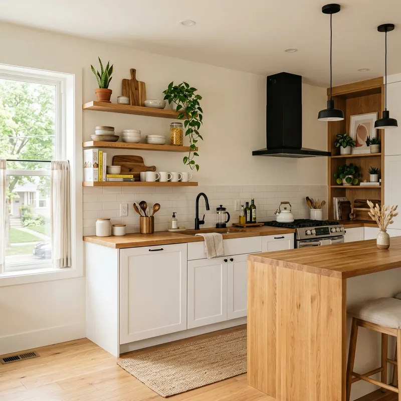 Beautiful modern apartment kitchen with neutral colours, warm wood accents, and indoor plants