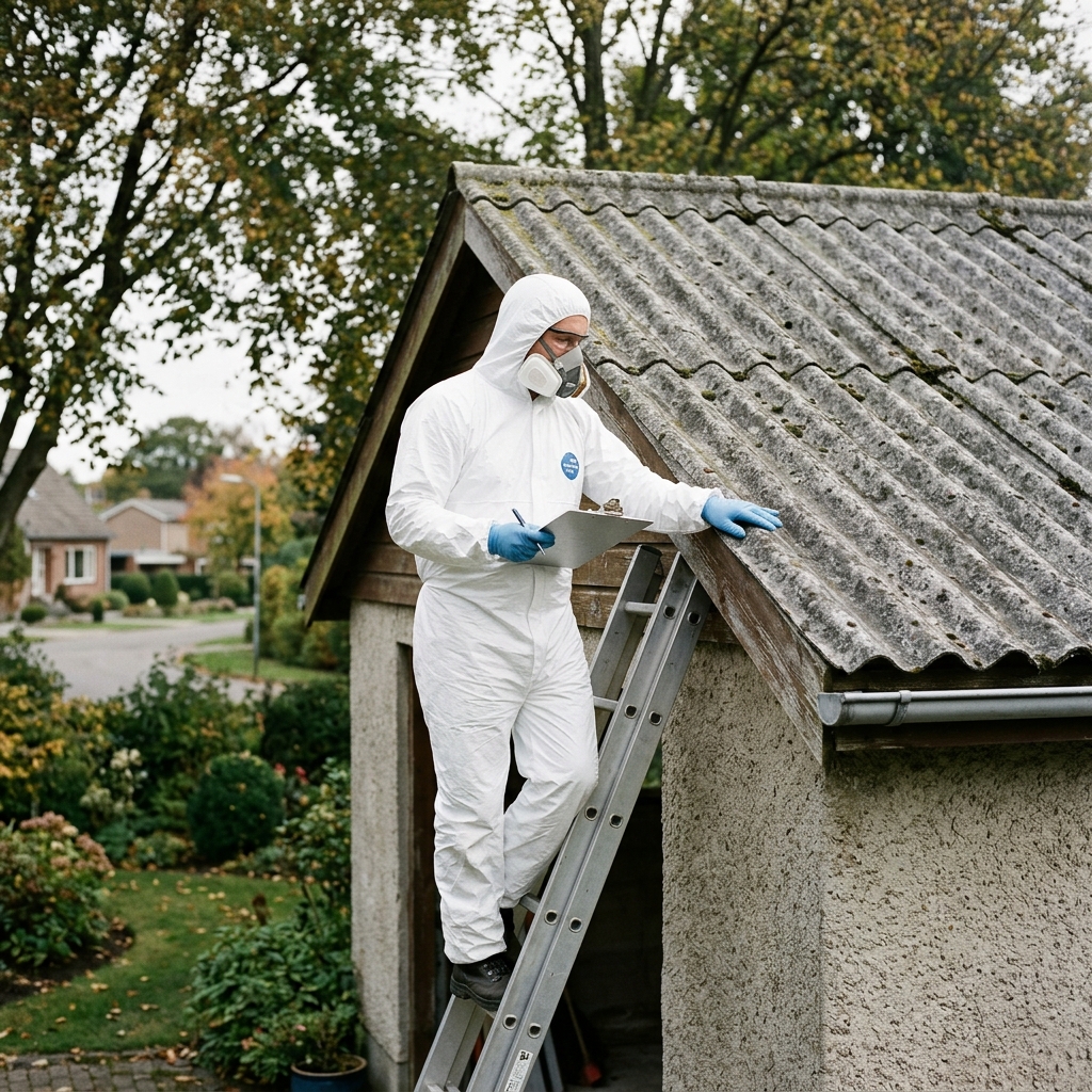 A professional asbestos contractor in protective clothing inspecting an older garage roof with a clipboard