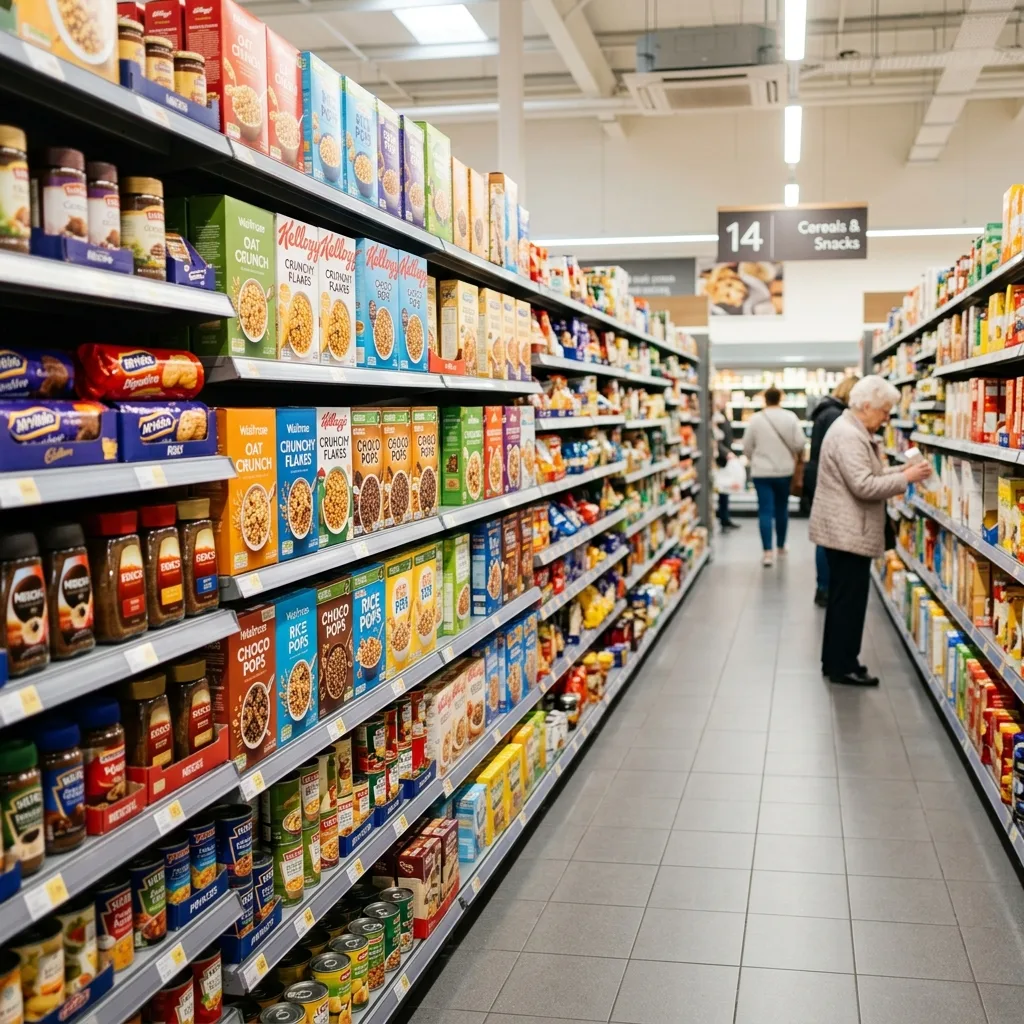 A bright UK supermarket aisle stocked with colourful branded grocery products on shelves
