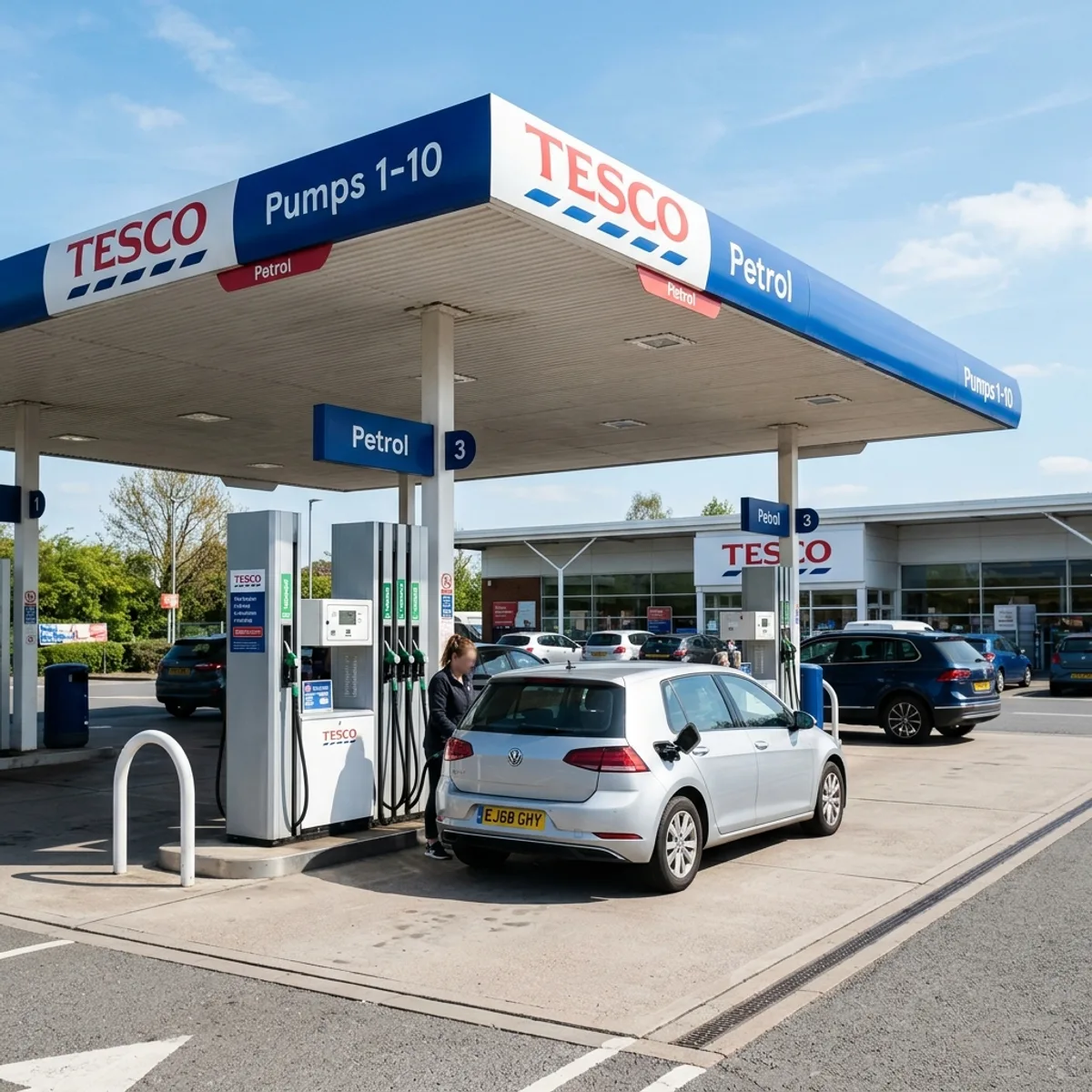 A UK petrol filling station forecourt with fuel pumps and a car refuelling on a bright day