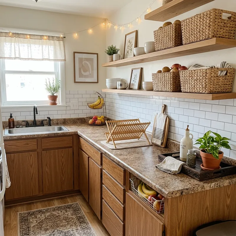 Affordable apartment kitchen makeover with peel and stick backsplash and storage baskets
