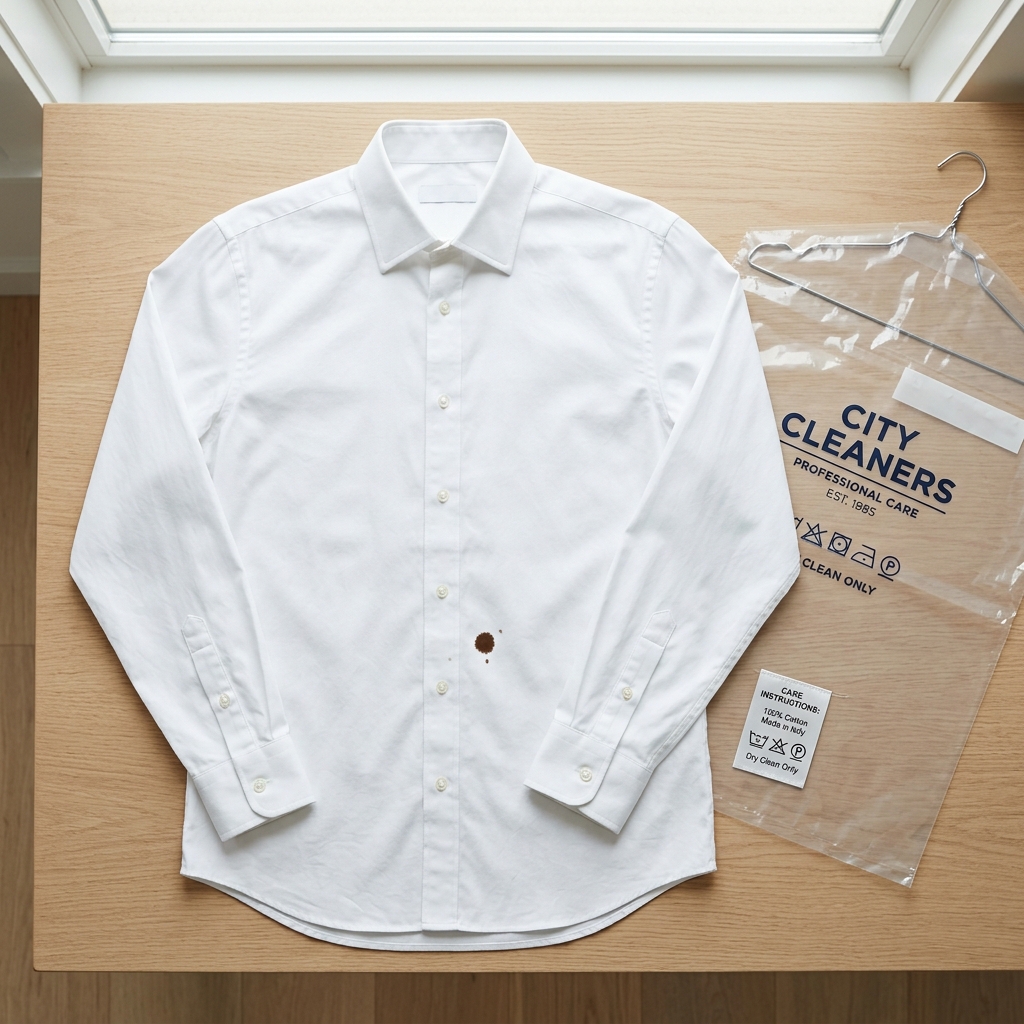 A white dress shirt with a small stain next to a clothing care label and dry cleaning bag