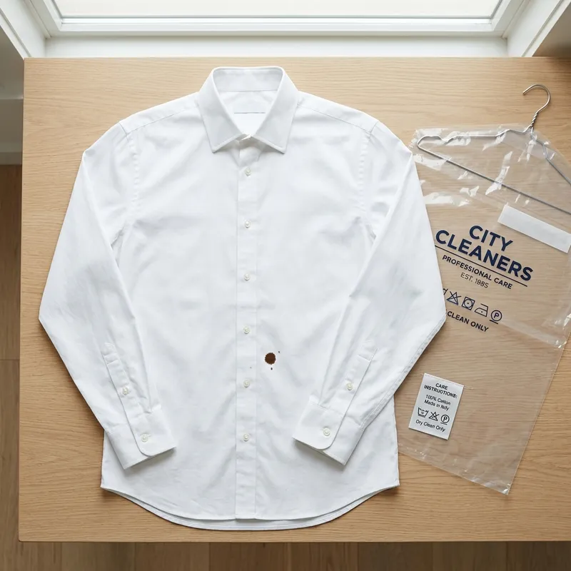 A white dress shirt with a small stain next to a clothing care label and dry cleaning bag