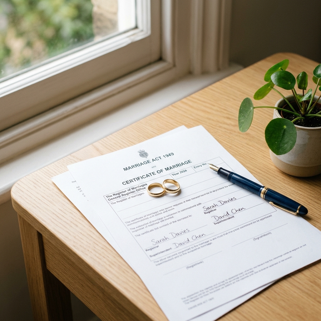 Two gold rings resting on official legal documents on a clean desk with soft natural light