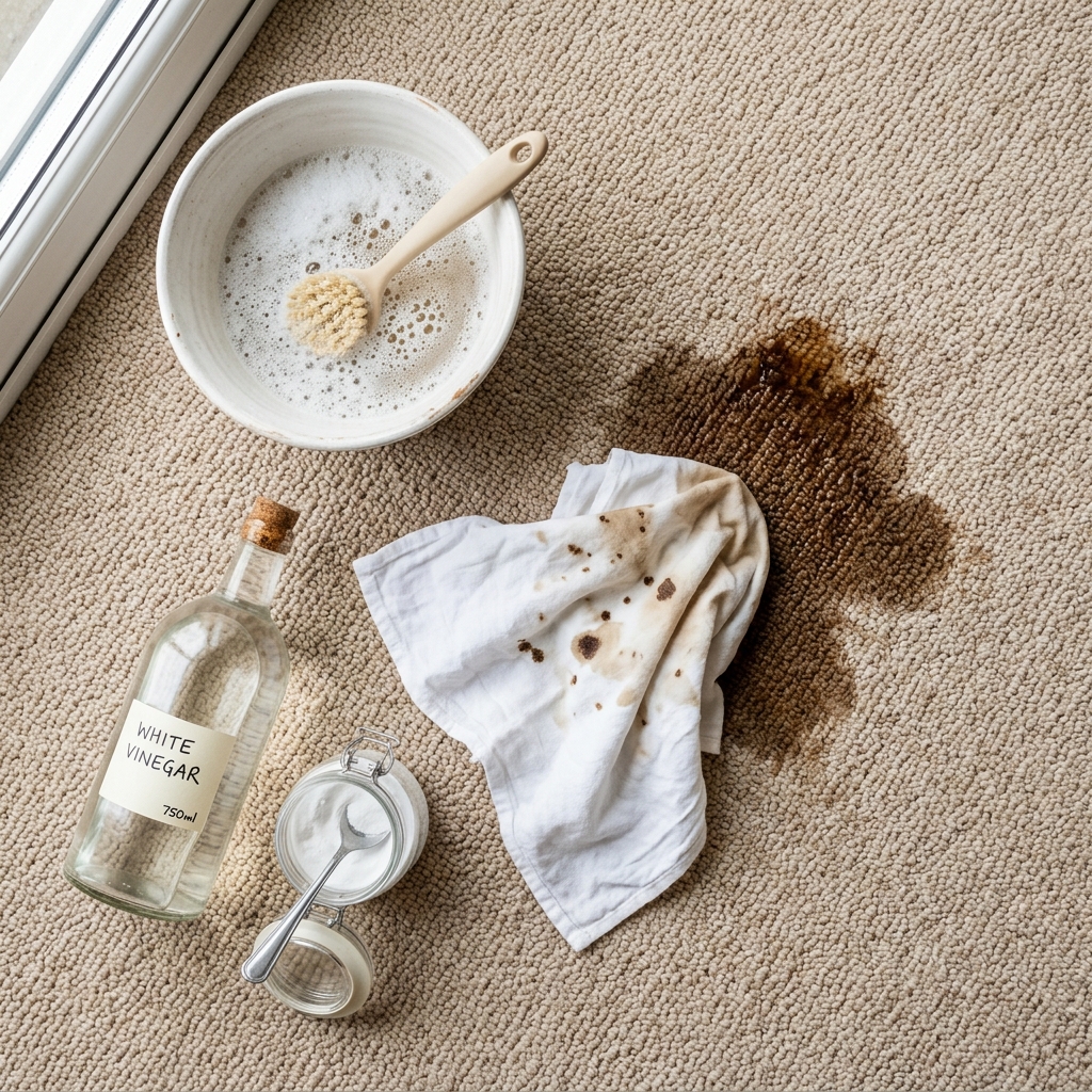 A white cloth blotting a coffee spill on beige carpet with cleaning supplies nearby