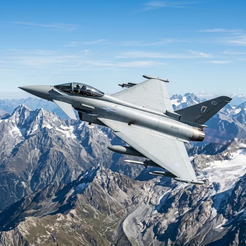 A sleek European Eurofighter Typhoon fighter jet flying high in the sky over mountains