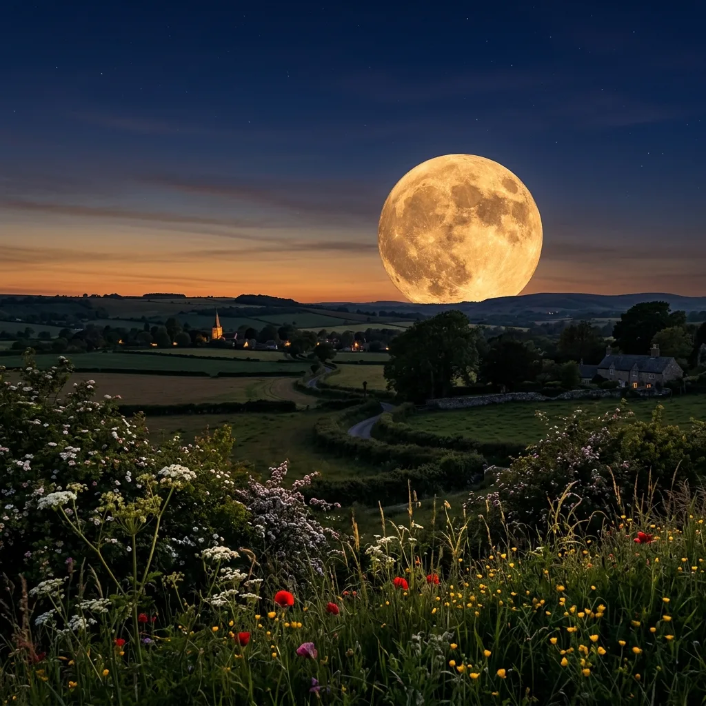 A golden full moon rising above a UK countryside landscape at dusk with spring wildflowers in the foreground