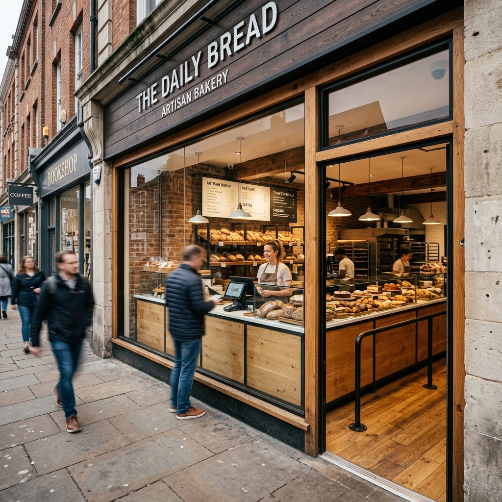 A generic UK high street bakery store showing a secure counter area
