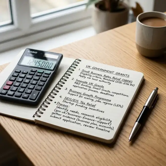 A notebook with notes on UK government grants, next to a calculator and pen on a light wooden desk