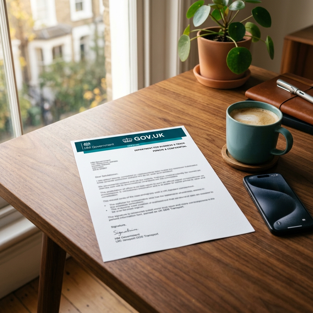 A modern editorial photograph of an official UK government letter resting on a desk, representing financial claims