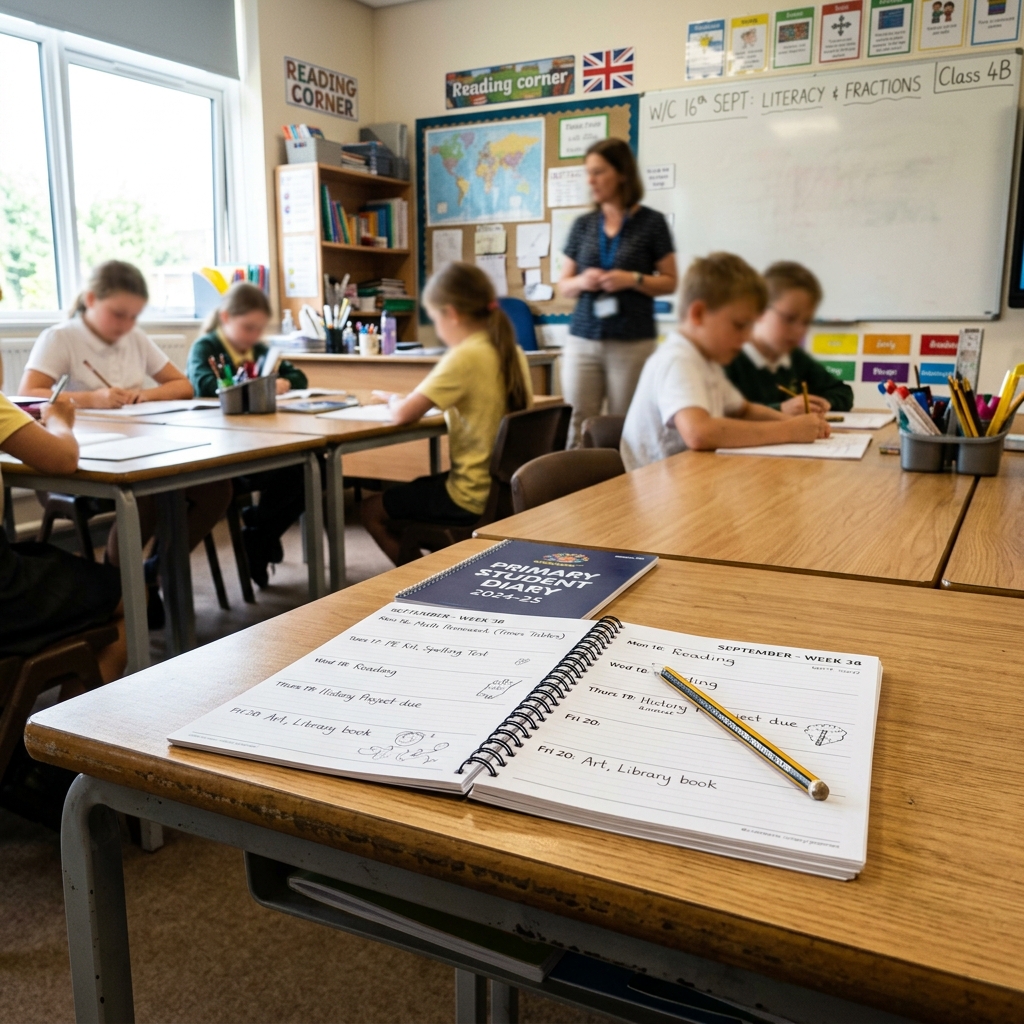 A simple school desk with an open diary and a pencil in a bright classroom.