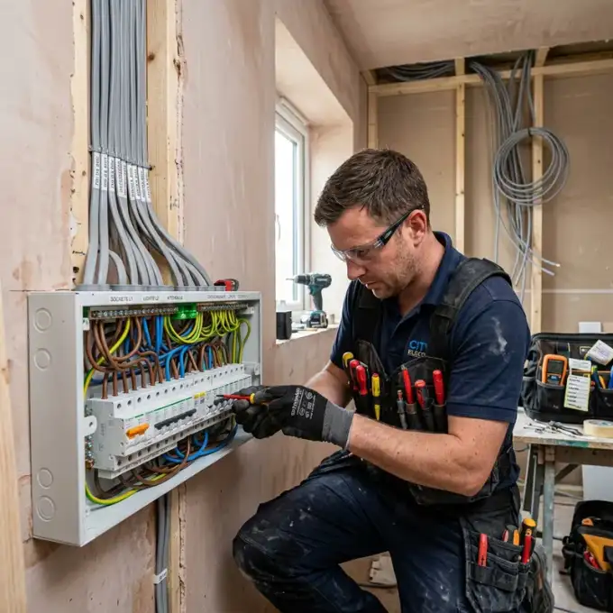 A qualified electrician in protective workwear installing new cabling and upgrading a consumer unit during a house rewire
