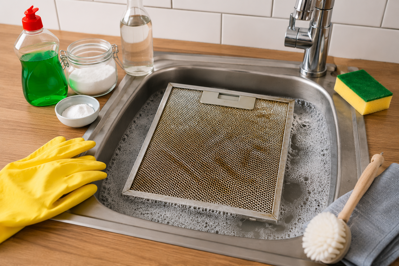 A greasy metal extractor fan filter soaking in a sink of hot soapy water beside a soft brush and rubber gloves.