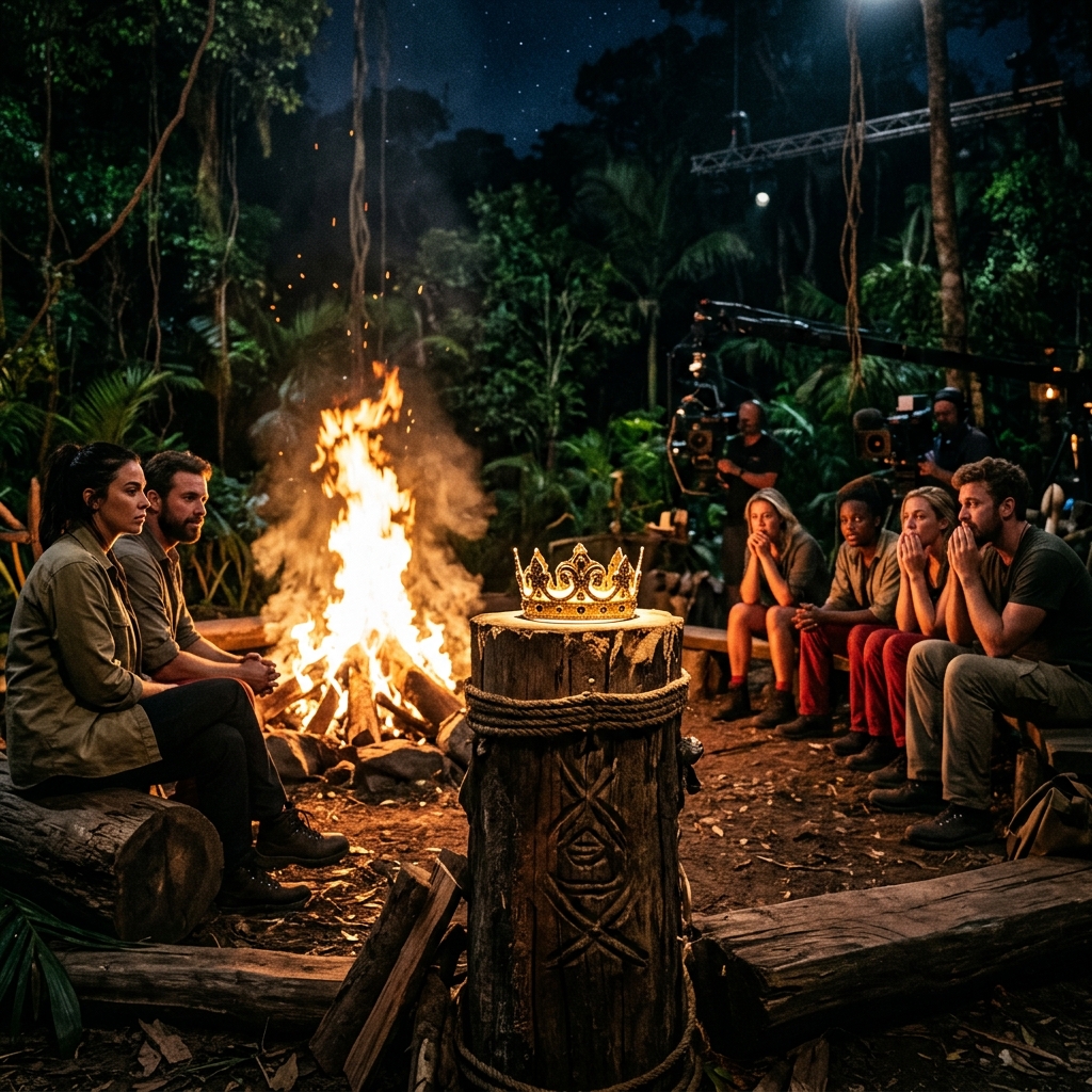 A dramatic, atmospheric jungle camp setting at night with a glowing campfire and a golden crown, representing the live TV final.