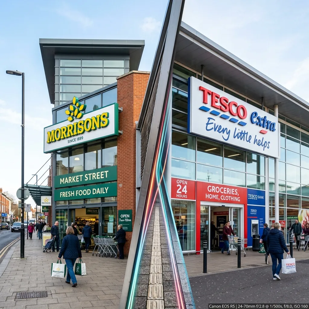Morrisons and Tesco storefronts showcasing separate supermarket branding