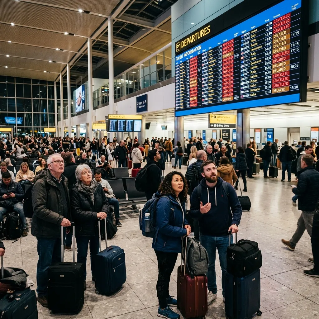 UK airport departures board showing cancelled and delayed flights due to jet fuel shortage in 2026