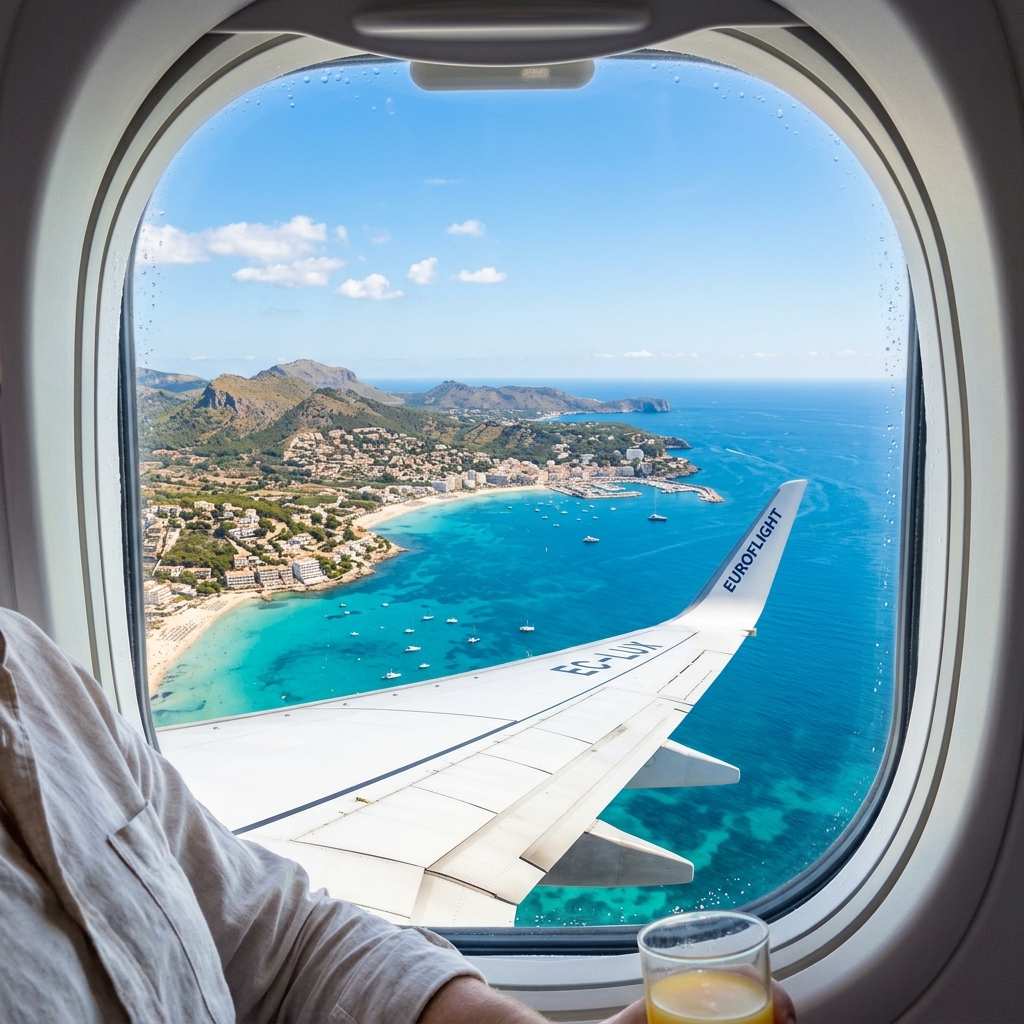 A bright, modern editorial photograph of an airplane wing over a sunny holiday destination, representing Jet2 holidays.
