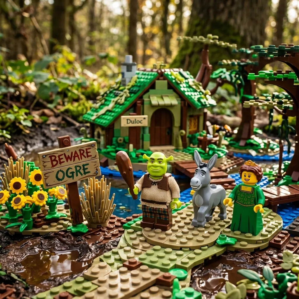 Detailed LEGO Shrek display set featuring a brick built swamp, a Beware Ogre sign, and classic characters like Shrek and Donkey