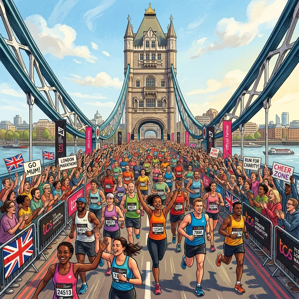 Runners participating in the London Marathon passing iconic landmarks