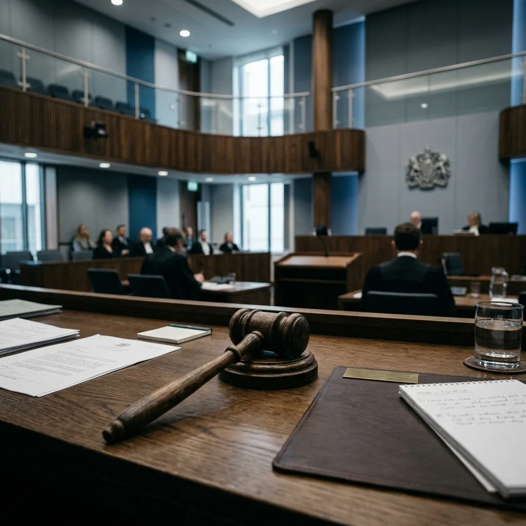 A stylized wooden gavel resting on a desk in a modern courtroom setting