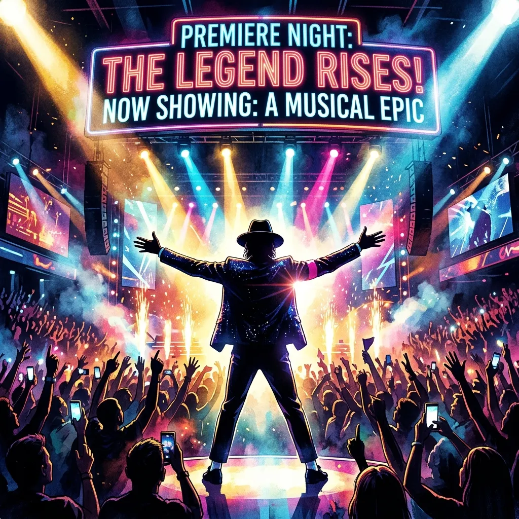 A cinematic silhouette of a performer on stage capturing the energy of a blockbuster music biopic