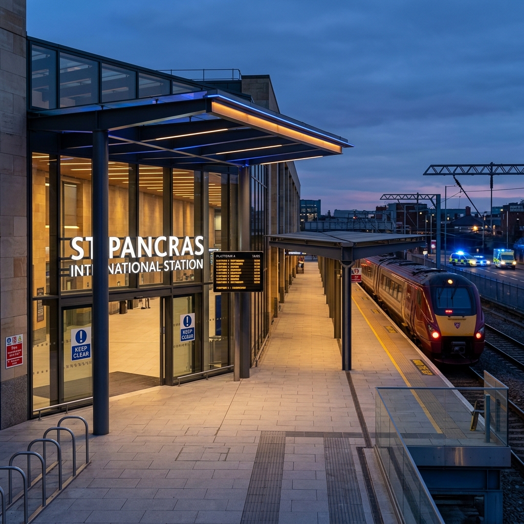A UK railway station exterior at dusk with soft lighting and safety signage on the platform