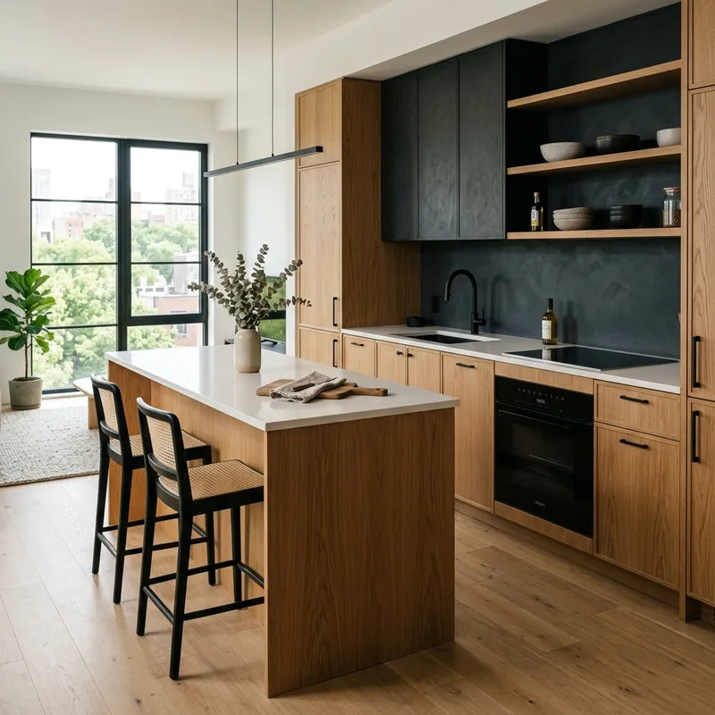 Contemporary apartment kitchen with matte black fixtures and wood textures