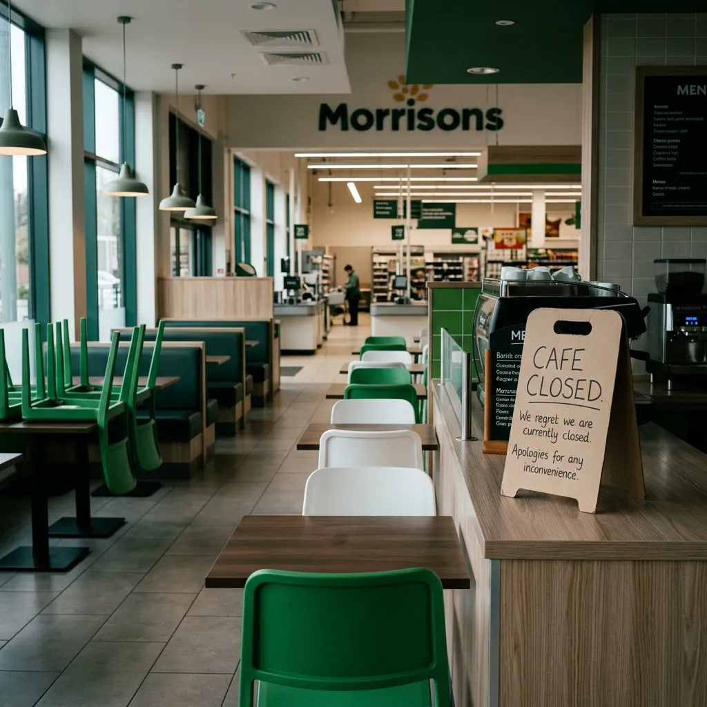 An empty Morrisons in store cafe with a closed sign on the counter