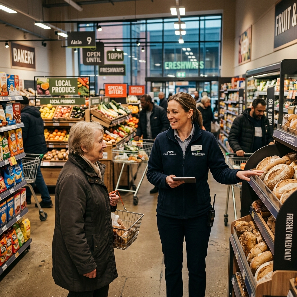 A generic UK supermarket store manager working on the shop floor.