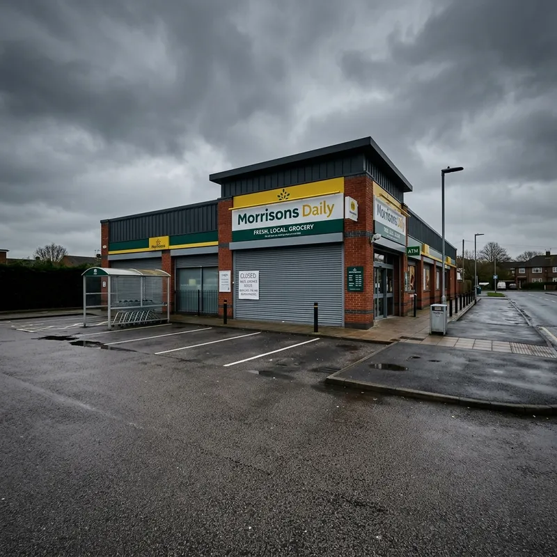 Closed Morrisons convenience store with shuttered entrance during 2026 store closure programme