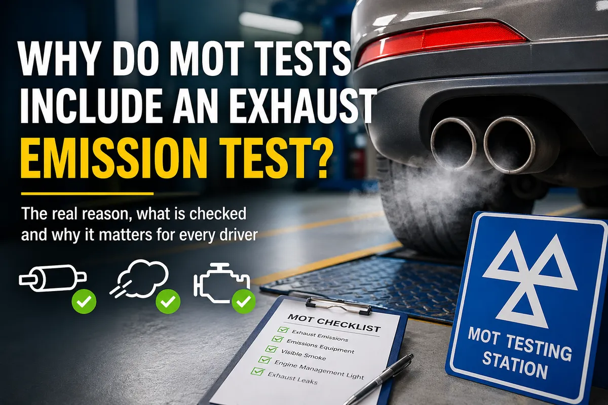 A mechanic holding a clipboard while checking a car exhaust during an MOT emissions test.