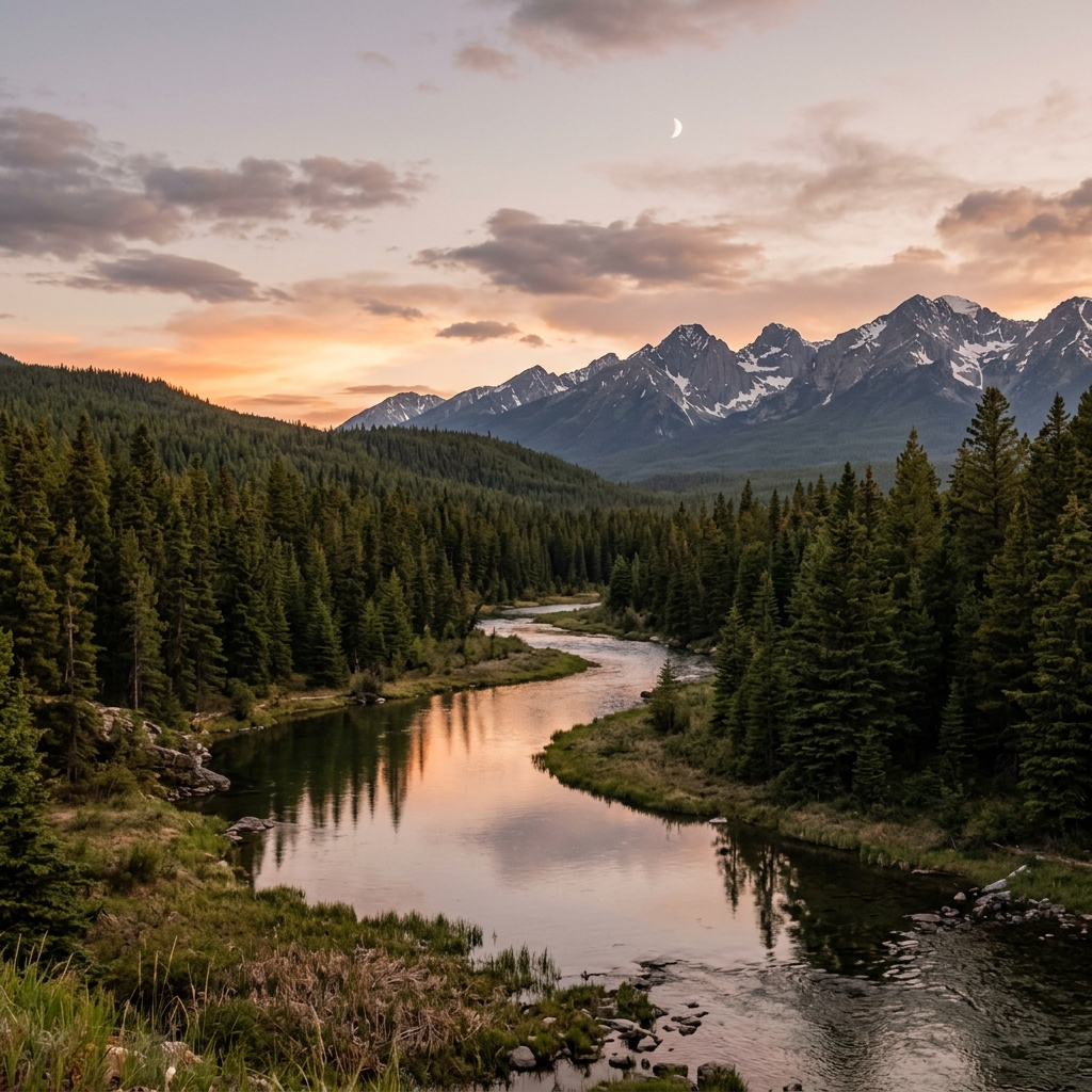 A peaceful natural landscape at golden hour with a river, pine trees and mountains, representing nature-inspired username ideas