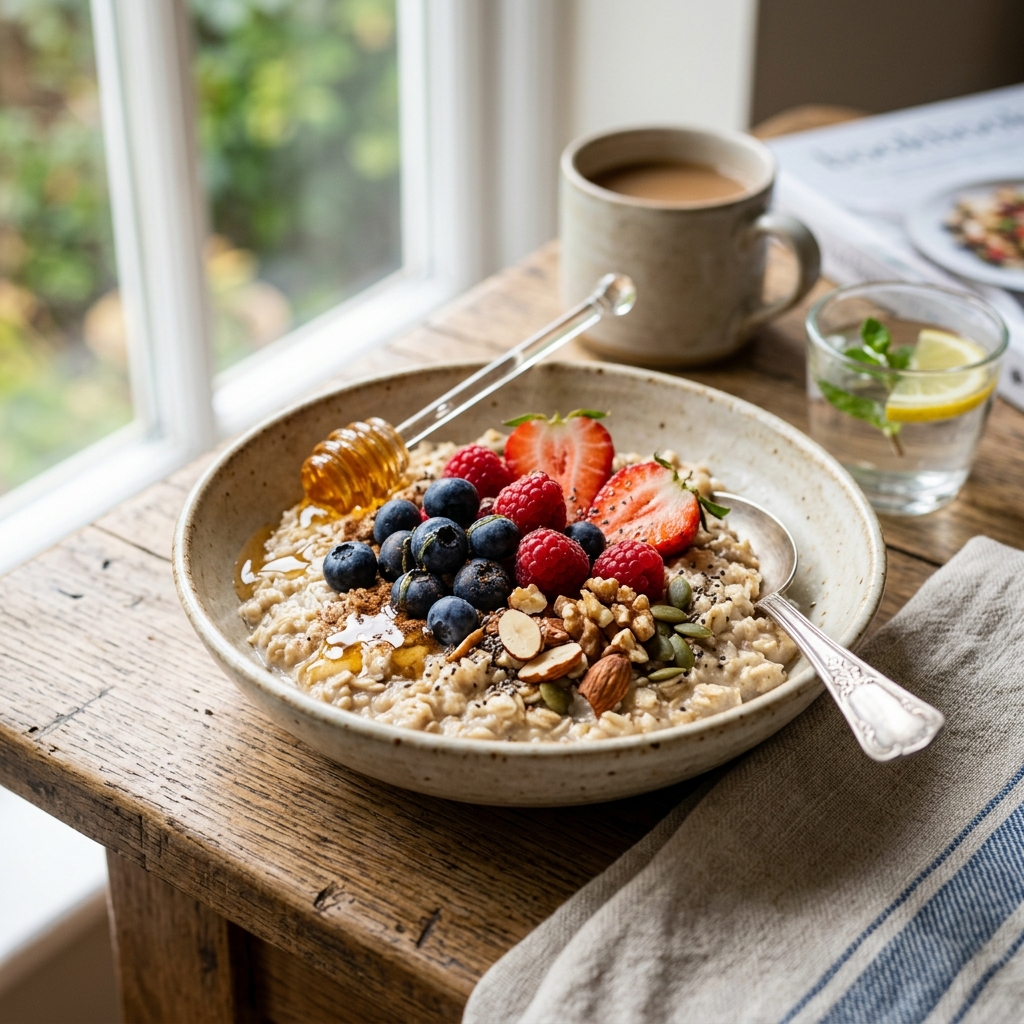 A healthy bowl of oatmeal with fresh fruit on a breakfast table