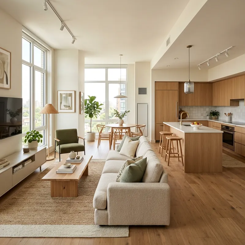 Open concept apartment kitchen and living room with matching colour palette