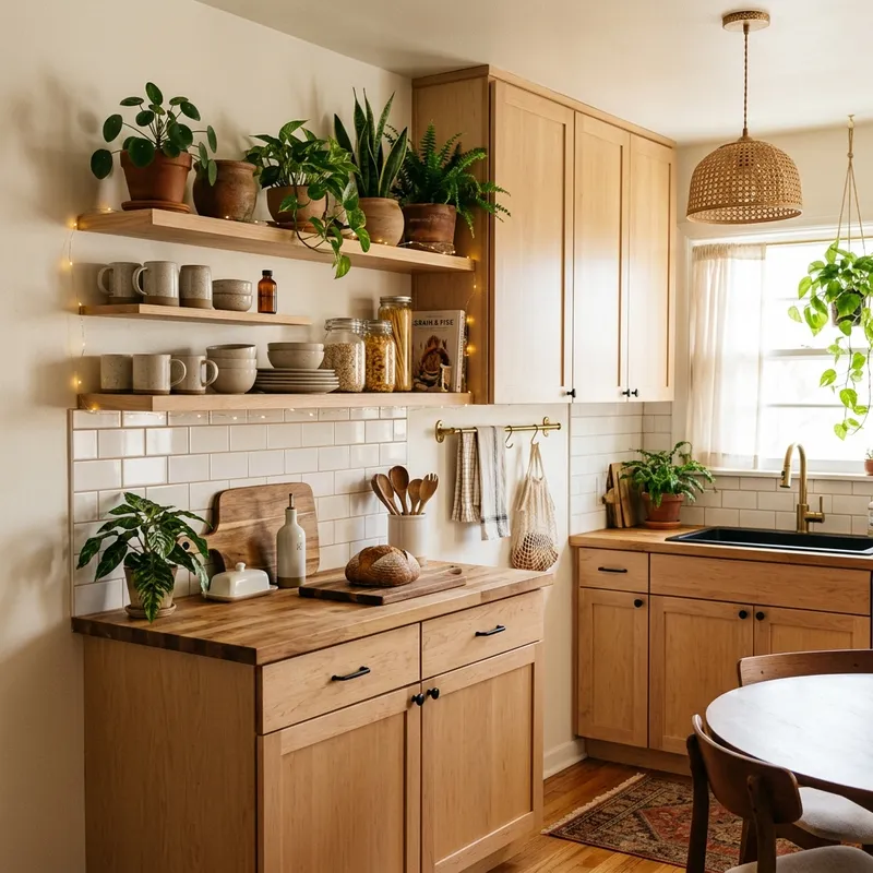 Pinterest worthy apartment kitchen with warm neutrals and wood accents