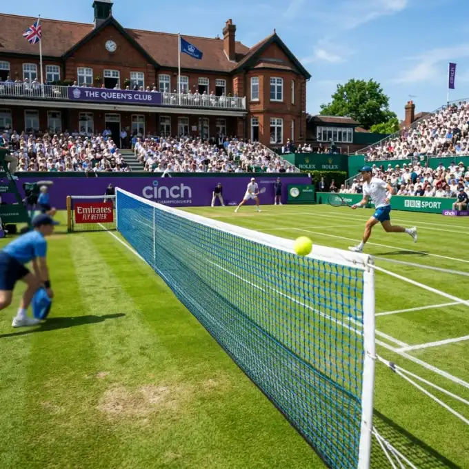 A lush green grass tennis court at the Queen's Club in London during a professional tournament, sunny day, vibrant tennis net in focus