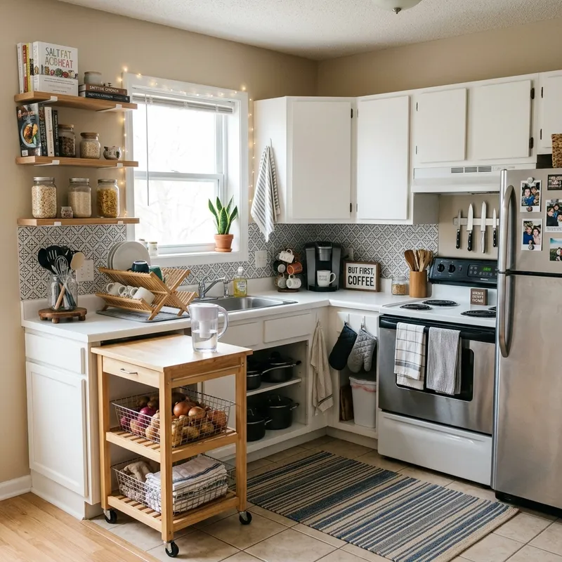 Renter friendly apartment kitchen with removable decor and practical storage