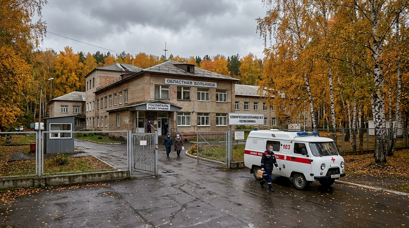 Exterior of a hospital building in a Siberian town in autumn, used to illustrate the suspected plague case in Russia's Irkutsk region