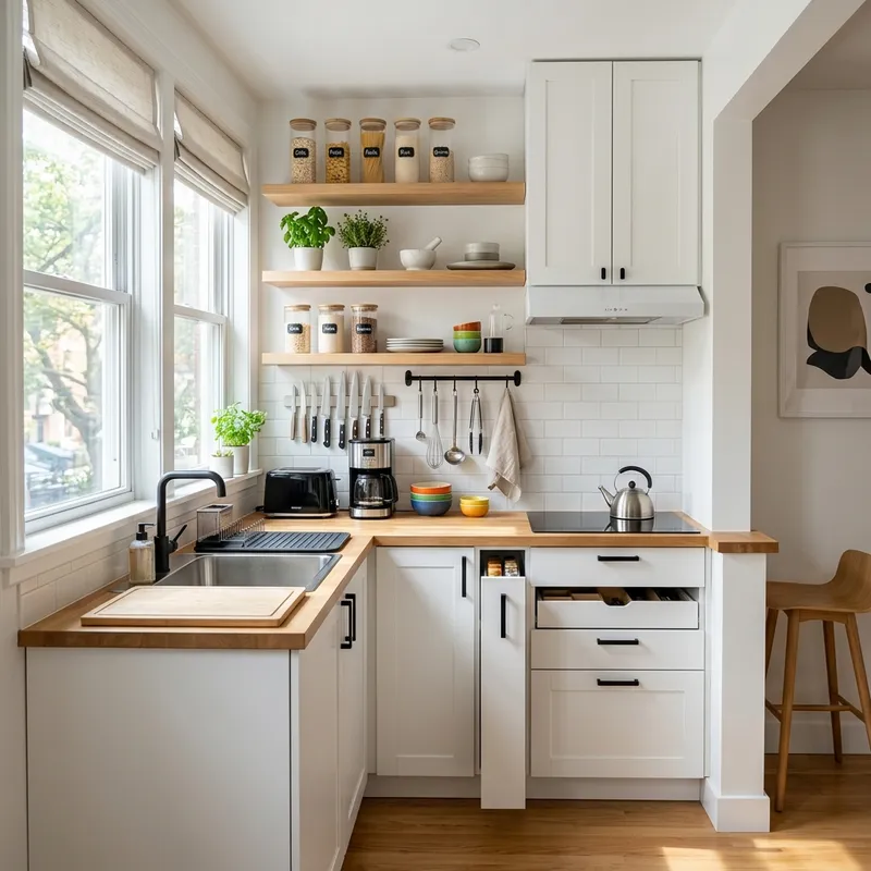 Small apartment kitchen with smart storage solutions and floating shelves
