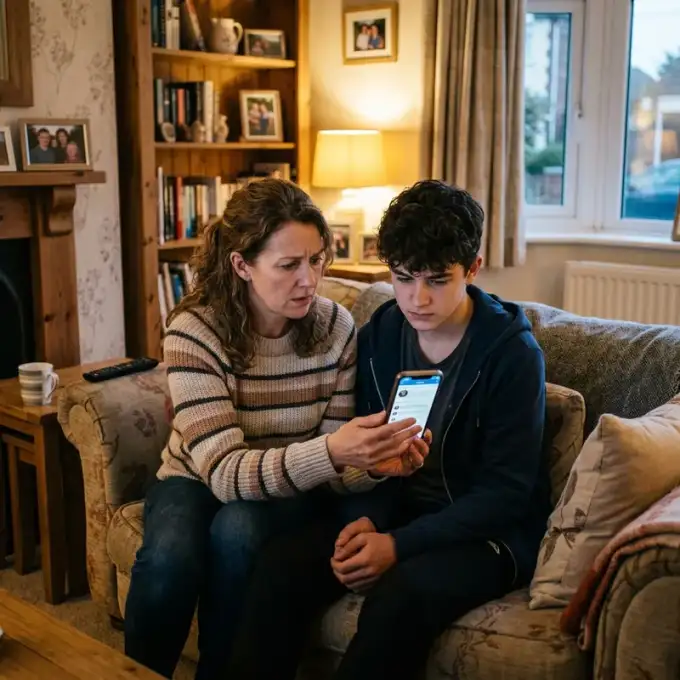 A concerned mother looking at a smartphone screen with her teenage child in a UK living room