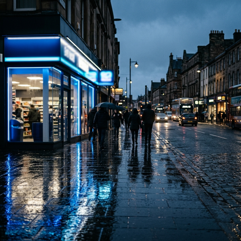 A dramatic, modern editorial photograph of a British high street at dusk with a glowing convenience store