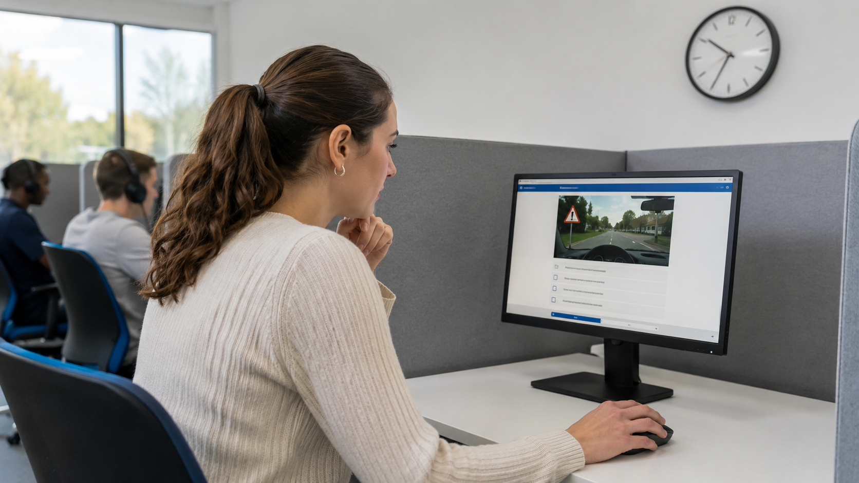 Learner driver studying for the UK car theory test on a laptop with a provisional licence and notebook on the desk.