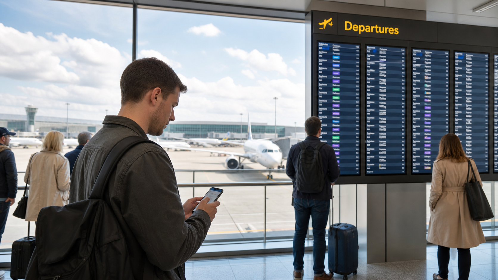 UK airport departure board showing flight times as a passenger checks an airline app on a phone