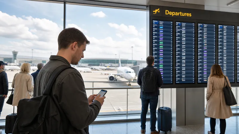 UK airport departure board showing flight times as a passenger checks an airline app on a phone