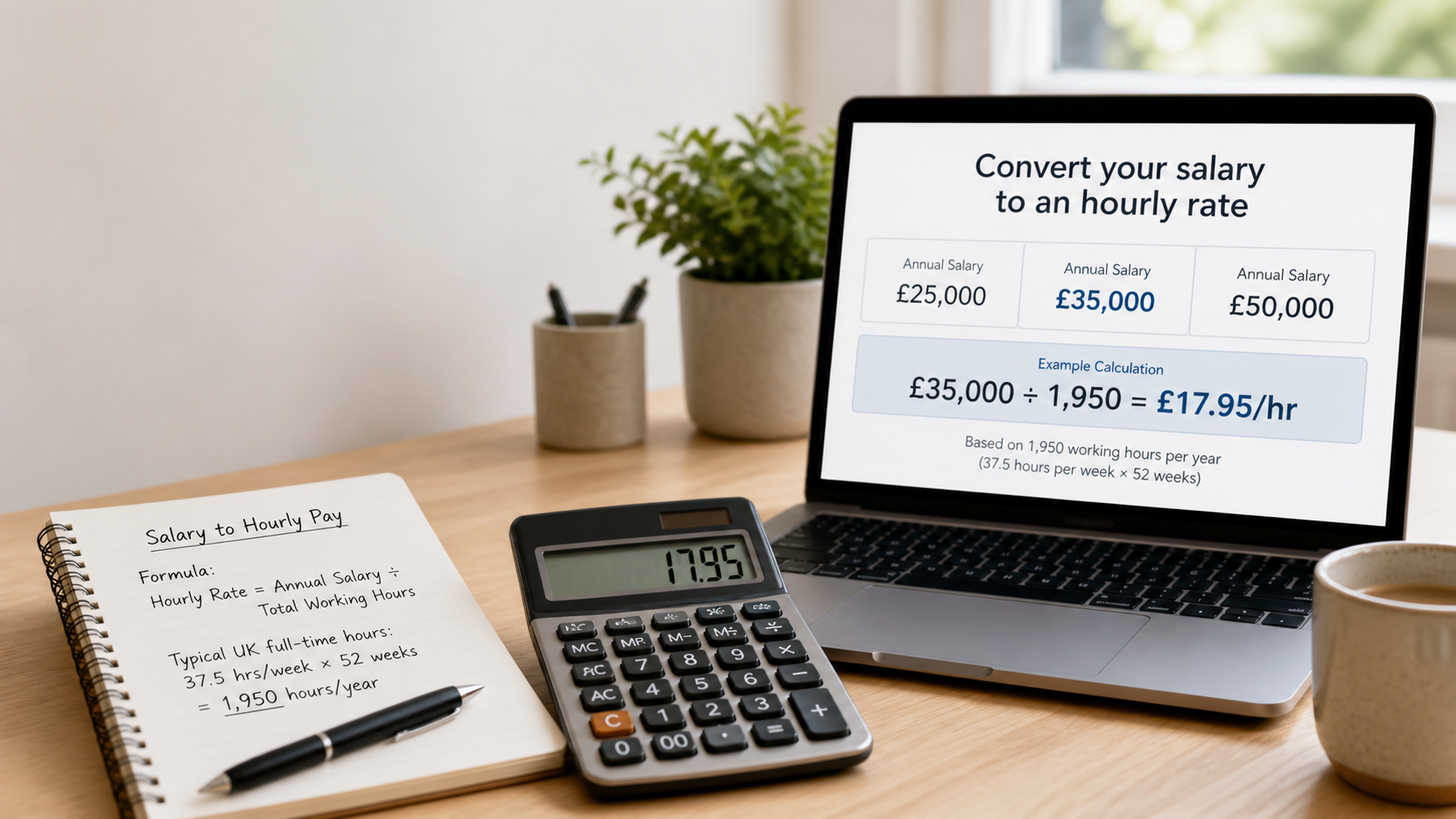 Calculator and notebook on a desk showing a UK yearly salary being converted into an hourly wage in pounds