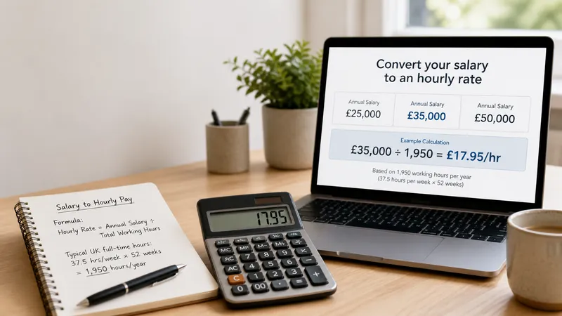 Calculator and notebook on a desk showing a UK yearly salary being converted into an hourly wage in pounds