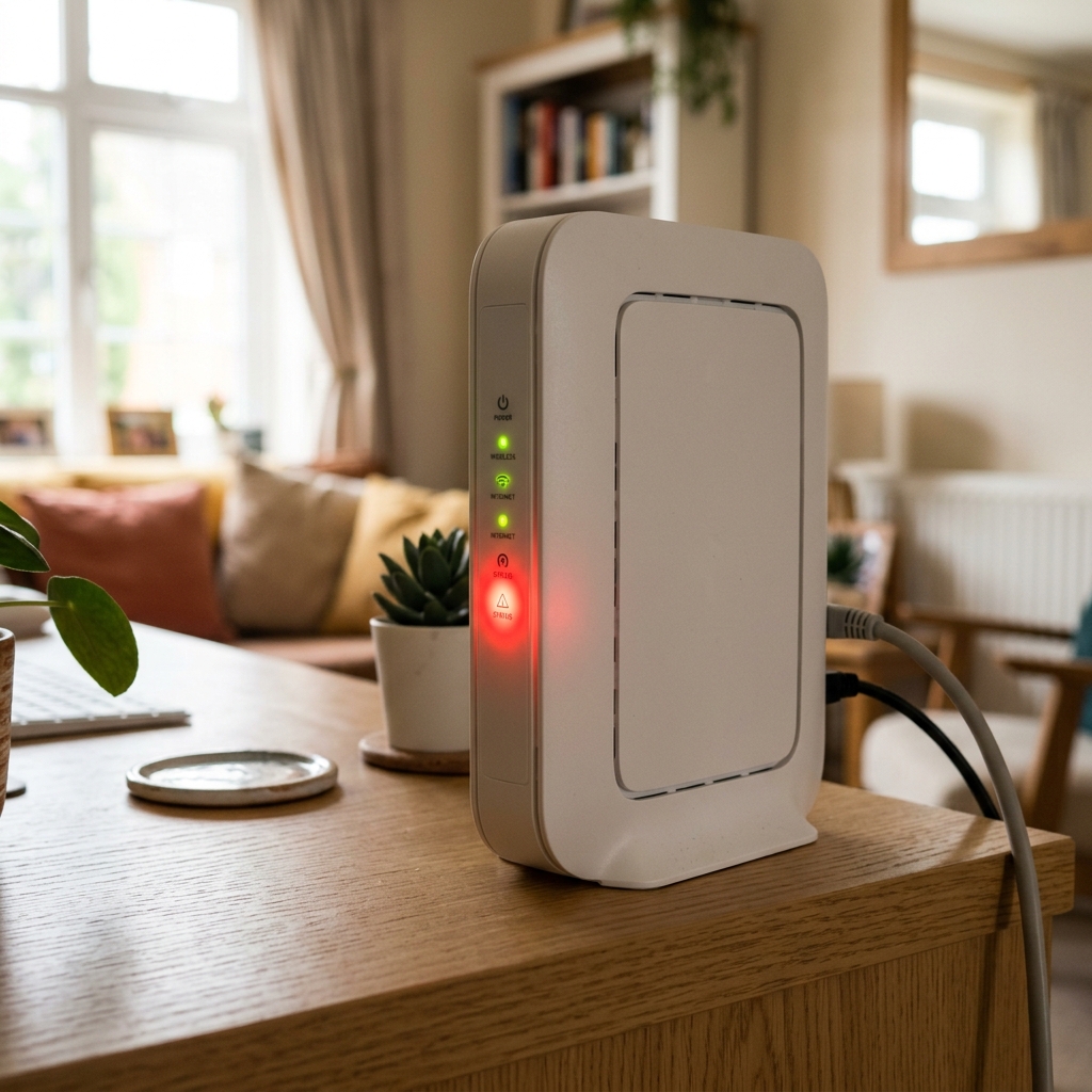 A broadband router with a red warning light on a desk in a UK home during a connectivity issue